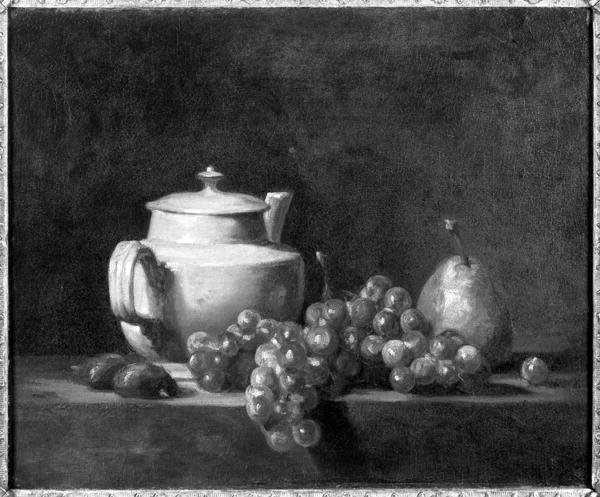 White Teapot with Two Chestnuts, White Grapes and a Pear