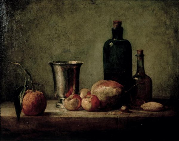 Still-life with Silver Beaker, Fruit and Bottles on a Table